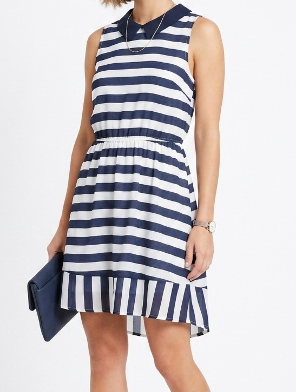 Monteau Striped Sleeveless Dress with Navy Chambray Peter Pan Collar Small